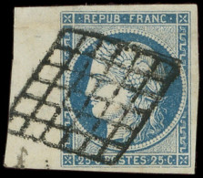 EMISSION DE 1849 - 4    25c. Bleu, Bdf, Obl. GRILLE, TTB - 1849-1850 Cérès
