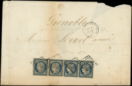 Let EMISSION DE 1849 - 4    25c. Bleu, BANDE De 4 Dont 2 T. à Peine Effl., Obl. GRILLE S. Env. Un Peu Défse, Càd CARPENT - 1849-1876: Periodo Clásico