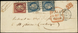 Let EMISSION DE 1849 - 4 Et 6, 25c. Bleu (2) Et 1f. Carmin Obl. GRILLE SANS FIN S. Env., Càd Paris 15/11/52, Passage Lon - 1849-1876: Période Classique