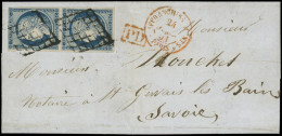 Let EMISSION DE 1849 - 4a   25c. Bleu Foncé, PAIRE Obl. GRILLE S. LAC, Càd ROUGE AFFRANCHISSEMENTS PARIS 24/7/51 Pour La - 1849-1876: Période Classique