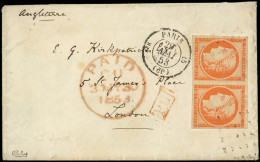 Let EMISSION DE 1849 - 5    40c. Orange, PAIRE Obl. GROS POINTS Légers S. Env., Càd PARIS 29/5/53, Arr. LONDON 30/5, TTB - 1849-1876: Periodo Clásico