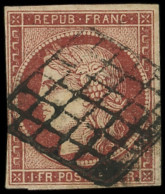 EMISSION DE 1849 - 6B    1f. Carmin-brun, Au Filet Sur 2 Mm Obl. GRILLE, TB, Certif. Calves - 1849-1850 Cérès