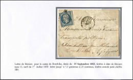 Let PRESIDENCE - 10   25c. Bleu, Défx, Obl. PC 389 S. LAC, Càd BEZIERS 15/9/53 Pour Le Camp De BOURKIKA, TB - 1849-1876: Période Classique