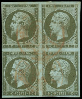 EMPIRE NON DENTELE - 11    1c. Olive, BLOC De 4 Obl. Càd Rouge Des Imprimés, 1 Ex. Petit Pelurage, Sinon TB. J - 1853-1860 Napoléon III.