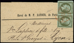 Let EMPIRE NON DENTELE - 11    1c. Olive, PAIRE Obl. Càd Rouge Des Imprimés 11/61 S. Bande P. Latour Paris, RR Et TB - 1849-1876: Periodo Clásico