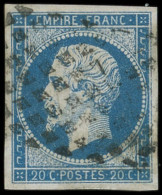 EMPIRE NON DENTELE - 14A  20c. Bleu, T I, Obl. GRILLE SARDE, TB - 1853-1860 Napoléon III