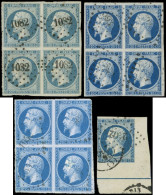 EMPIRE NON DENTELE - 14A, 14Aa Et 14B, 20c. Bleu, T I, 20c. Bleu Foncé T I Et 20c. Bleu T II (pli), 3 Blocs De 4 Obl. PC - 1853-1860 Napoléon III