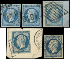 EMPIRE NON DENTELE - N°14A (3) Et 14B (2), 20c. Bleu T I Et II Obl. GC D'Essai 1818 (gras Et Délié), GRILLE (2 Ex. Dont - 1853-1860 Napoléon III