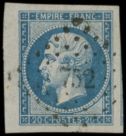 EMPIRE NON DENTELE - 14B  20c. Bleu, T II, Marges énormes, Petit Bdf, Amorce De Voisin, Obl. PC 752, Superbe - 1853-1860 Napoleone III