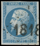 EMPIRE NON DENTELE - 14B  20c. Bleu, T II, Obl. GC D'Essai 1818, Caractère Gras, Clair, Aspect TB - 1853-1860 Napoléon III.