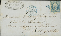 Let EMPIRE NON DENTELE - 14Af 20c. Bleu Laiteux, T I, Obl. ETOILE S. LAC, Càd 1e PARIS 1 26/8/54, Le Tout En BLEU, Super - 1849-1876: Periodo Classico
