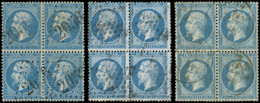 EMPIRE DENTELE - 22   20c. Bleu, 3 BLOCS De 4 Obl. GC, Etoile Et Càd, 1 Bloc Défx, Les Autres TB - 1862 Napoléon III.