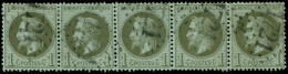 EMPIRE LAURE - 25    1c. Bronze, BANDE De 5 Obl. GC 1721, TB - 1863-1870 Napoléon III Lauré