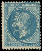 EMPIRE LAURE - 29B  20c. Bleu, T II, Obl. Cachet Bleu (  )QUARTIER GENERAL/POSTES, TB - 1863-1870 Napoleon III With Laurels