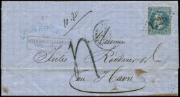 Let EMPIRE LAURE - 29B  20c. Bleu, T II, Obl. GC 1726 S. LAC Taxée, Griffe Rouge AFFrt INSUFF. Pour Le Havre, TB - 1849-1876: Période Classique