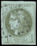 EMISSION DE BORDEAUX - 39A   1c. Olive, R I, Obl. GC, TB - 1870 Bordeaux Printing