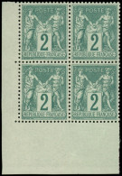** TYPE SAGE - 74    2c. Vert, BLOC De 4 Cdf, Fraîcheur Postale Et Centrage Parfait, 2 Ex. Pli De Gomme, TTB/Superbe - 1876-1898 Sage (Type II)