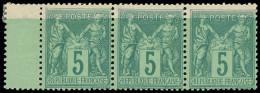 ** TYPE SAGE - 75    5c. Vert, BANDE De 3 Bdf, Teinte De Fond DECALEE, TB - 1876-1898 Sage (Type II)