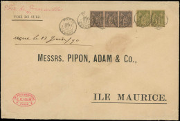 Let TYPE SAGE SUR LETTRES - N°82 PAIRE Et N°97 BANDE De 3 Obl. PARIS/DEPART 11/5/90 S. Env., Arr. MAURITIUS, TB - 1877-1920: Période Semi Moderne