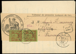 Let TYPE SAGE SUR LETTRES - N°96 PAIRE Obl. GEX 31/7/93 S. Convocatiopn De Tribunal Rec. Avec Bande, TTB - 1877-1920: Periodo Semi Moderno