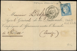 Let LETTRES DE PARIS - N°60 25c. Bleu Avec GRANDE CASSURE, Obl. ETOILE 8 S. LSC, Càd Rue D'Antin 24/3/74, TB - 1849-1876: Klassieke Periode