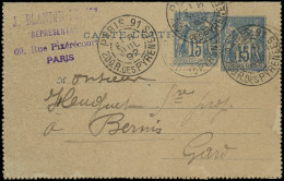 Let LETTRES DE PARIS - N°90 S. CL Entier 15c. Bleu Obl. Càd Des Levées Exceptionnelles PARIS 91/ 200 R. Des PYRENEES E1  - 1877-1920: Semi Modern Period