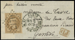 Let BALLONS MONTES - N°30 Obl. GC 2170 S. Devant, Càd LA MAISON BLANCHE 2/10/70 Pour GENEVE, Frappes TTB. L'ARMAND BARBE - Guerre De 1870