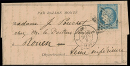 Let BALLONS MONTES - N°37 Obl. ETOILE S. LE BALLON POSTE N°1 Papier Saumon, Càd 4 PARIS 4 6/11/70, Arr. ROUEN 9/11, Supe - Guerre De 1870