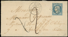 Let AFFRANCHISSEMENTS DE SEPTEMBRE 1871 - N°37 Obl. GC 1313 S. LAC, Càd T17 DOLE-DU-JURA 1/9/71, "affrt Insuff" Et Taxe  - 1849-1876: Classic Period