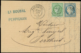 Let AFFRANCHISSEMENTS DE SEPTEMBRE 1871 - N°37 Et 42Bc 5c. Vert-GRIS, Jolie Nuance, Obl. GC 2818 S. LAC, Càd T17 PERPIGN - 1849-1876: Période Classique