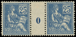 ** EMISSIONS DU XXe SIECLE - 118   Mouchon, 25c. Bleu, PAIRE Mill.0, Ch. S. Intervalle, Les 2 T. Nuance Foncée Et Très B - Unused Stamps