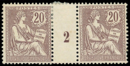 * EMISSIONS DU XXe SIECLE - 126   Mouchon Retouché, 20c. Brun-lilas, PAIRE Mill.2, TB - Unused Stamps