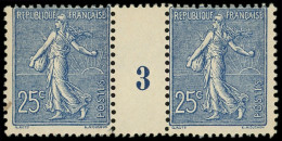 ** EMISSIONS DU XXe SIECLE - 132   Semeuse Lignée, 25c. Bleu, PAIRE Mill.3, TB - Unused Stamps
