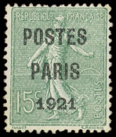 (*) PREOBLITERES - 28  15c. Vert-olive, POSTES PARIS 1921, TB - 1893-1947