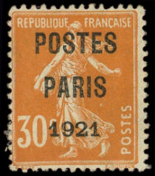 * PREOBLITERES - 29  30c. Orange, POSTES PARIS 1921, Très Légère Craquelure De Gomme, TB. C - 1893-1947