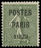 (*) PREOBLITERES - 31  15c. Vert-olive, POSTES PARIS 1922, TB. C - 1893-1947