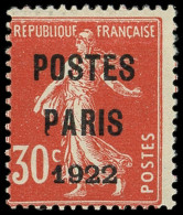 * PREOBLITERES - 32  30c. Rouge, POSTES PARIS 1922, TB - 1893-1947