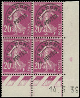 ** PREOBLITERES - 55  Semeuse Camée, 20c. Lilas-rose, BLOC De 4 CD 14/5/36, TB - 1893-1947