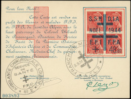 Let LA  LIBERATION - BRIANCON 10 : 30c. Rouge, BLOC De 4 Surchargé NOEL 1944 + 48f80 Obl. Cachet FFI Sur Carte Croix Rou - Bevrijding