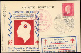 Let LA  LIBERATION - SAUMUR LIBERATION 1 : Vignette Bleue Et Rouge Sur CP De L'Expo Phil. De Saumur Affr. N°691 Obl. Càd - Libération