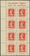 ** VARIETES - 138   Semeuse Camée, 10c. Rouge, T IA, Feuillet De 8 T. Sur Porte-timbres AIGLON, TB - Ongebruikt