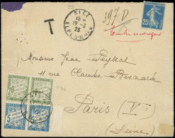 Let VARIETES - 140u  Semeuse Camée, 25c. Bleu, FAUX De NICE S. Env., Mention "timbre Contrefait", Càd Nice 193/23, Taxe  - Covers & Documents