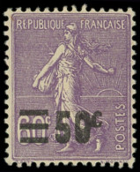 ** VARIETES - 223   Semeuse Lignée, 50c. S. 60c. Violet, DOUBLE Surcharge, Infime Ch., RR, TB, Certif. Calves - Ongebruikt