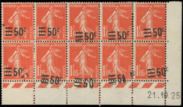 * VARIETES - 225   Semeuse Camée, 50c. S. 1f.05 Vermillon, BLOC De 10 CD 21/10/25 **/*, Surch. ONDULEE Et Défectueuse Du - Unused Stamps