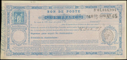Let ENTIERS POSTAUX - Sage,  5c. Bleu, Bon De Poste N°F4, 1f. Lilas, 2 Plis, Obl. Paris 25/12/93, TB - Autres & Non Classés