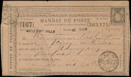 Let ENTIERS POSTAUX - Sage, Timbre Noir Avec Globe, Mandat Poste N°R7 Papier Rose, Obl. BELFORT 30/10/90, TB - Other & Unclassified