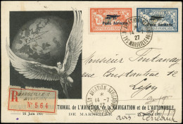 Let LETTRES DU XXe SIECLE - PA 1 Et 2, 2f. Et 5f. Obl. Salon Aviation 14/7/27 S. CP Rec. Illustrée, Arr. Lyon, TB - 1927-1959 Covers & Documents