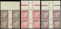 ** ANDORRE Taxe 2/4 : 10c. Brun, 30c. Rouge Carminé Et 50c. Lilas En BLOCS De 4 Mill. 2, 0 Et 1, Bdf, N°3 Amorce De Déco - Unused Stamps