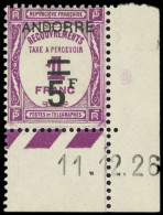 ** ANDORRE Taxe 15 : 5f. S. 1f. Lilas, Cdf Daté 11/12/26, TB - Unused Stamps