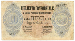 10 LIRE BIGLIETTO CONSORZIALE REGNO D'ITALIA 30/04/1874 BB/BB+ - Biglietto Consorziale